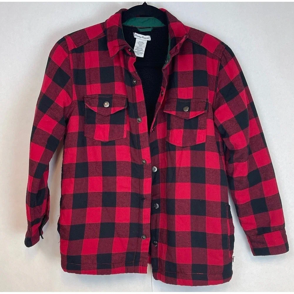 TOMMY BAHAMA Shacket Shirt Jacket Kids XL 14 Red Buffalo Plaid Sherpa Lined Snap